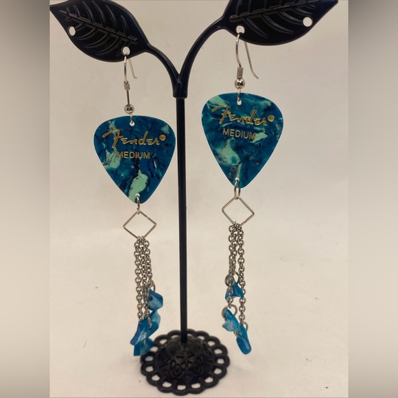 Fender Guitar Pick Dangle Earrings, with Turquoise Stones 4” - Picture 2 of 4